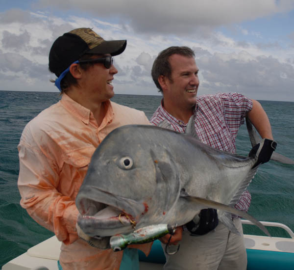 So sieht ein über 50 Kilo schwerer Giant Trevally GT aus. Diesr nahm einen großen Popper